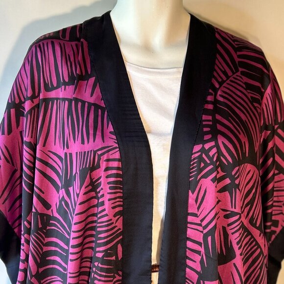 Kimono OSFA Navy & Hot Pink Tropical Abstract Maximalism Cover Up Resort Silky - Picture 3 of 6